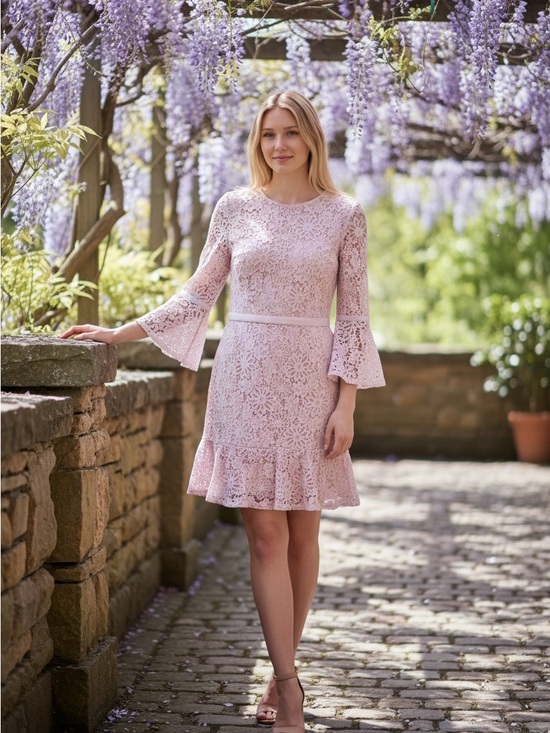 Nanette Lepore Dresses & Skirts - Nanette Lepore Pink Lace Bell-Sleeve Mini Dress